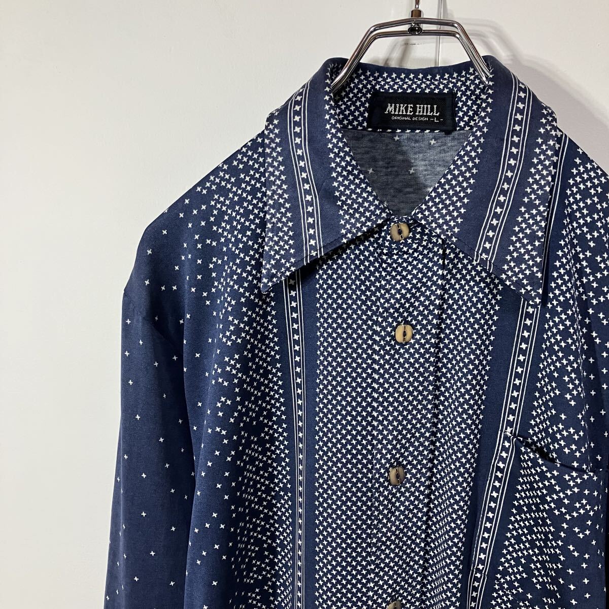古着 ヴィンテージ パターン柄 レトロ ボタン ポケット スクエアカット ニット 長袖 シャツ ネイビー ホワイト L拍卖
