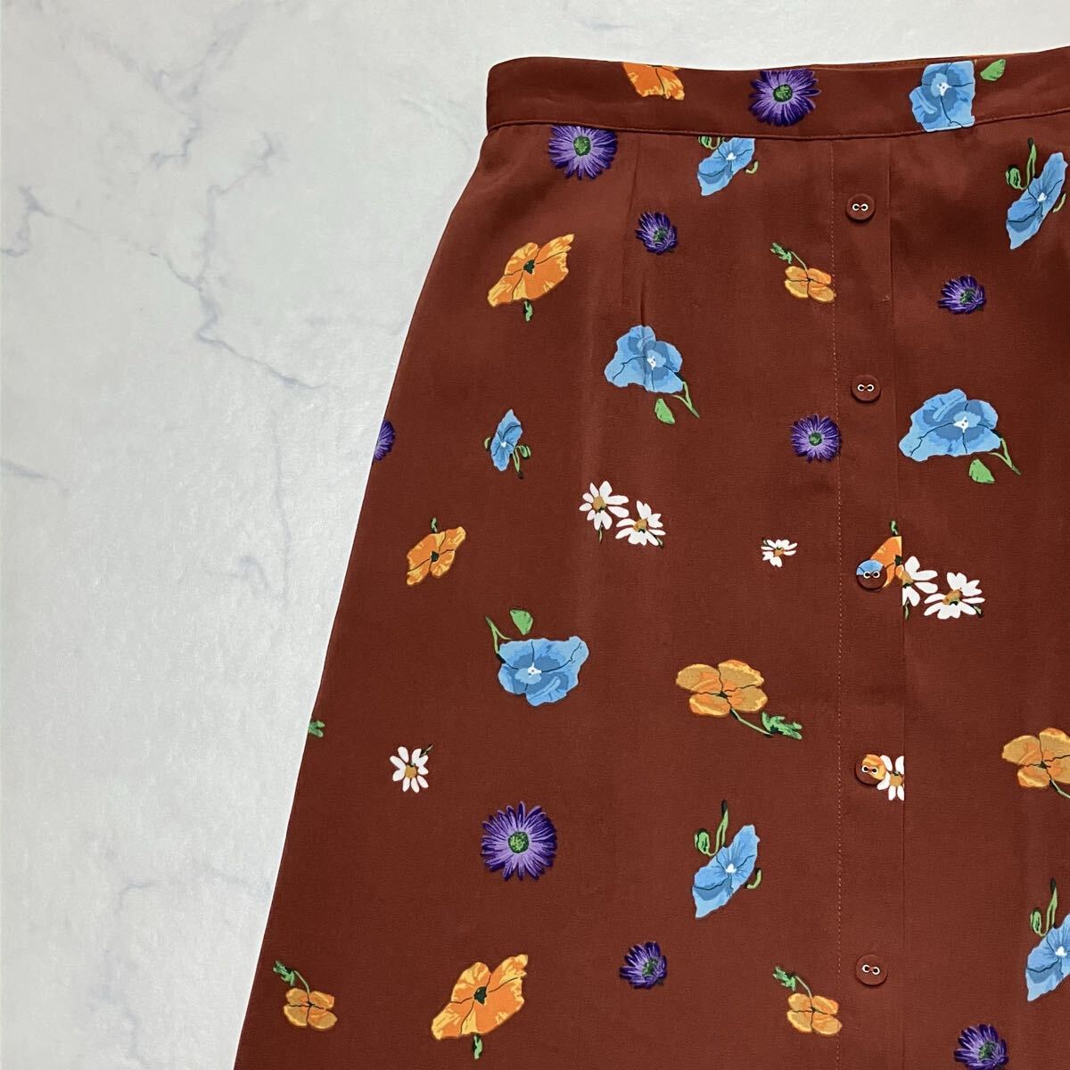 SLY スライ 花柄 裏地付き ホック ジップ 裾フレア ロング スカート ブラウン 2拍卖