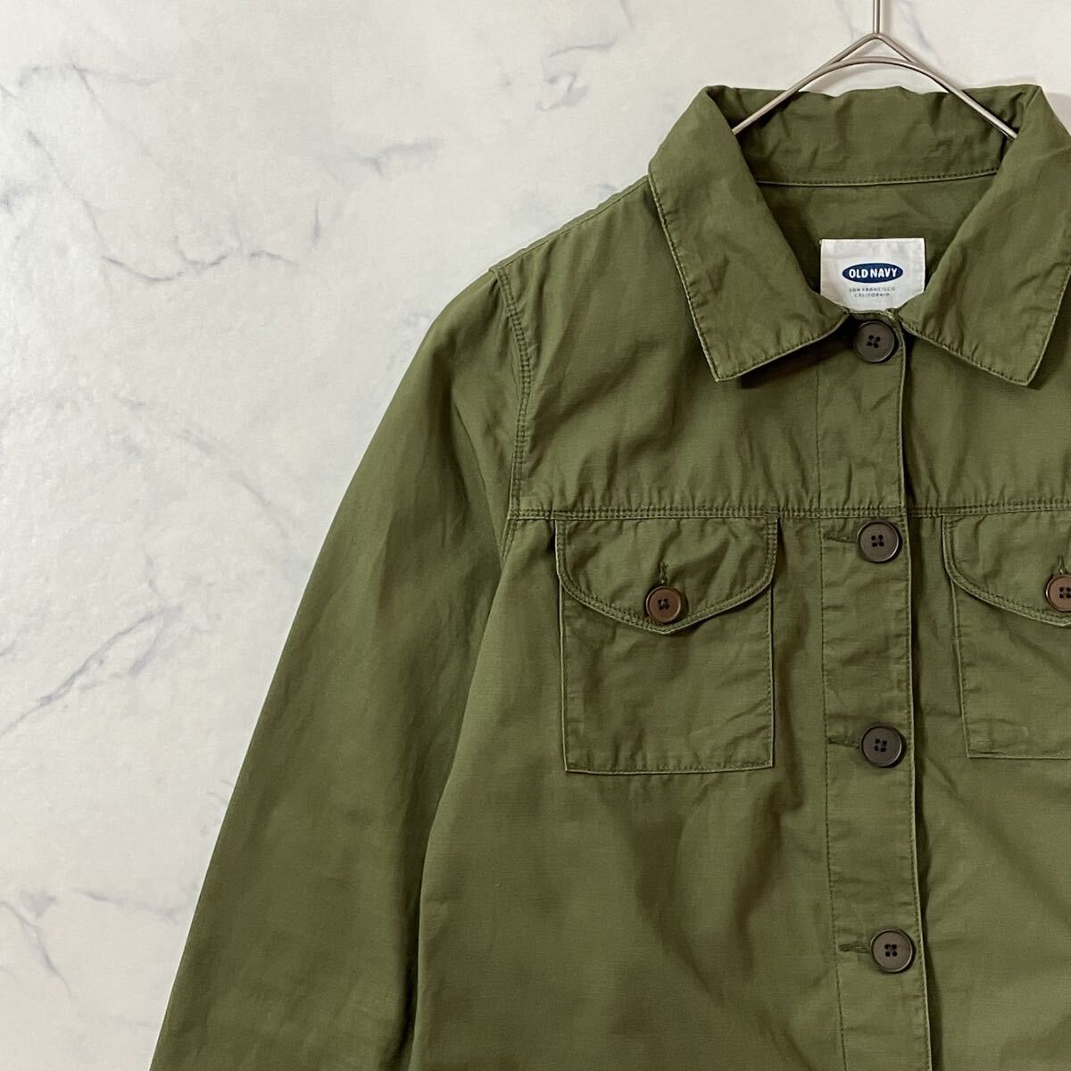OLD NAVY オールドネイビー バック 刺繍 ダブル ポケット ラウンドカット 長袖 ミリタリー シャツ カーキ S拍卖