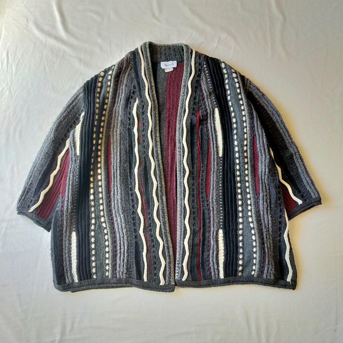 古着 solyne ニットカーディガン 3Dニット 羽織り オープンフロント 90s拍卖