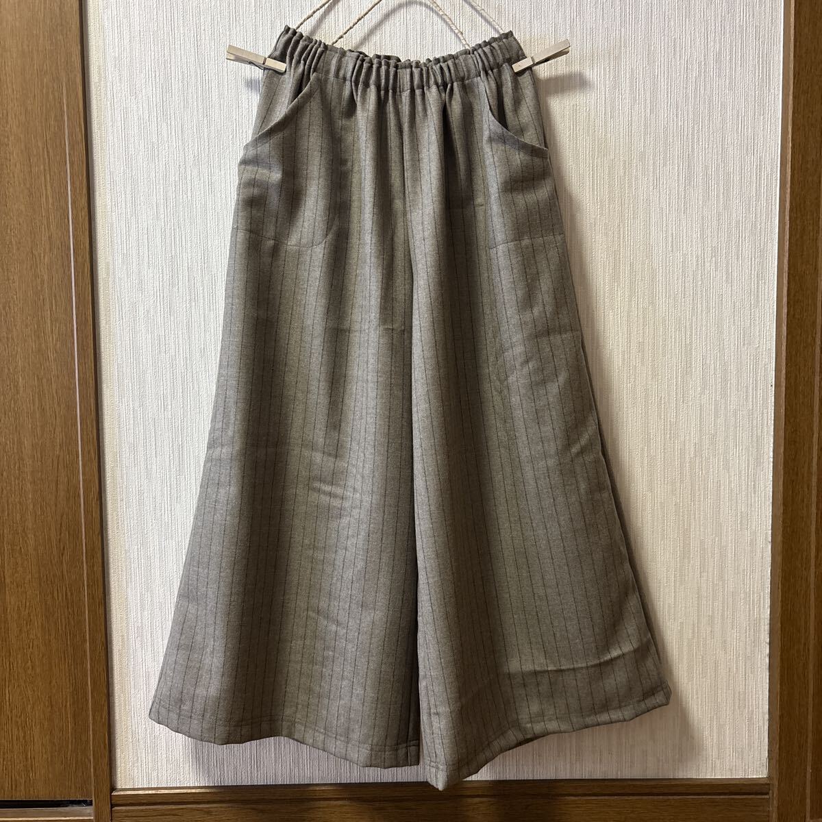 *ハンドメイド*ナチュラル♪ワイドパンツ ガウチョ グレージュ ストライプ ウール混 拍卖