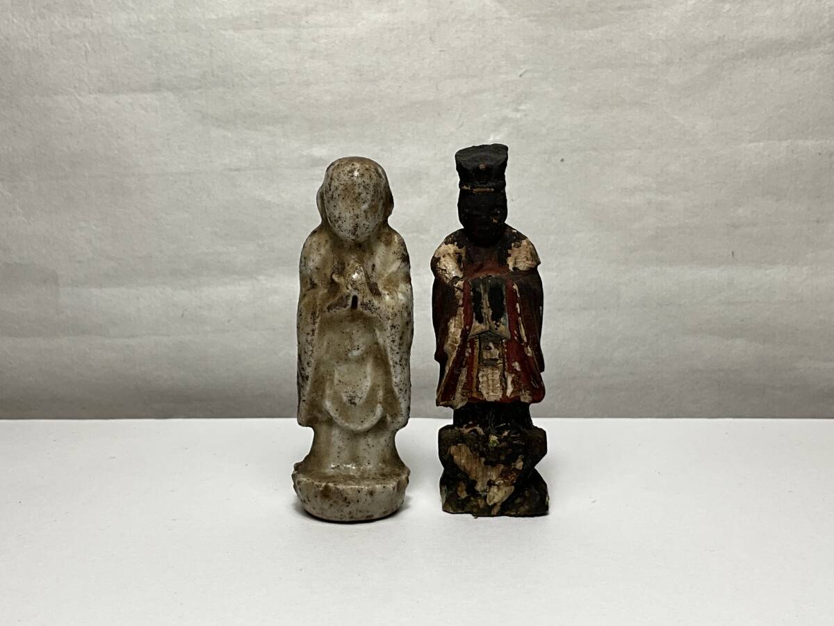 小さな仏像 2コ 木彫男神立像 磁器の地蔵菩薩立像 幕末明治頃 / 仏像 木彫仏 民間信仰 民間仏 仏教美術 仏教拍卖