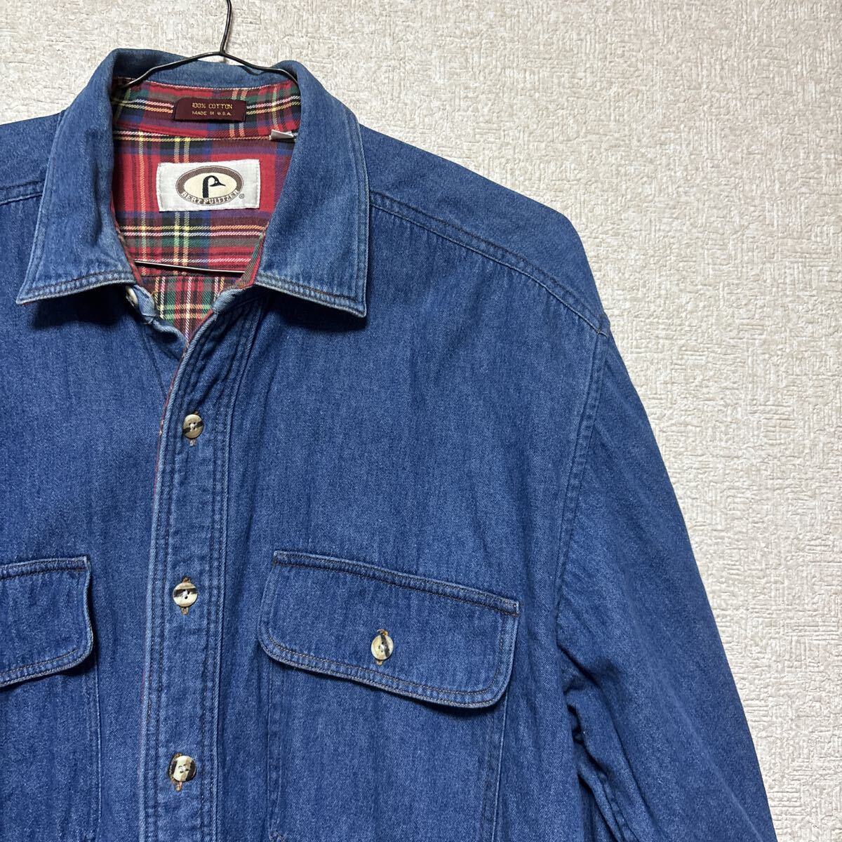 80s 【USA製】 BERT PULITZER バートピューリッツァー デニムシャツ ヴィンテージ メンズMサイズ 裏地チェック柄 インディゴ拍卖