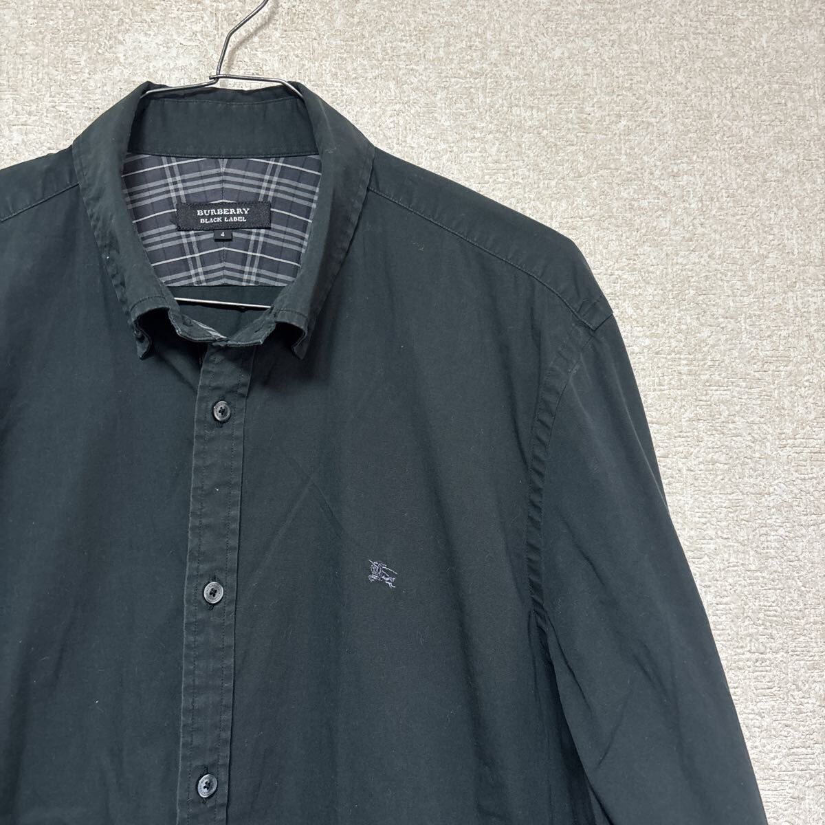 BURBERRY BLACK LABEL バーバリーブラックレーベル 無地 ブラック ストレッチ 長袖シャツ ボタンダウンシャツ サイズ4 メンズXL相当拍卖