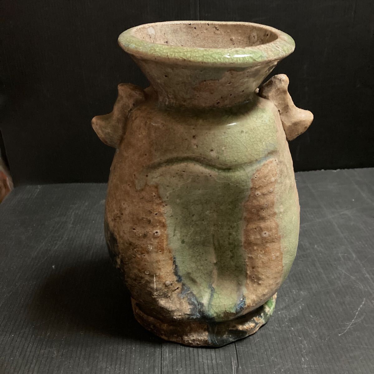 伊賀焼 (室町〜鎌倉)ビードロ釉 自然釉 信楽 壺 花器 古美術 古窯 古玩 拍卖