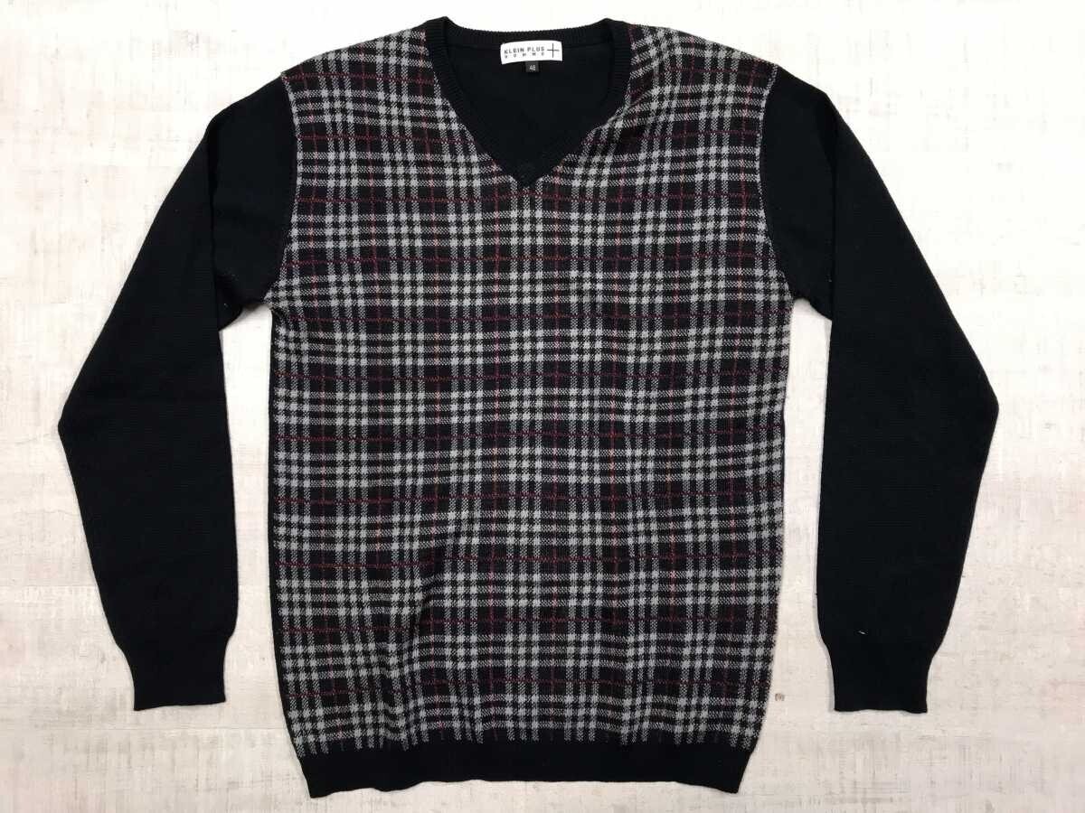 クランプリュス オム KLEIN PLUS HOMME ミッシェルクラン ネオお兄系 00s モード チェック切替 ニット セーター メンズ ウール混 48 紺赤拍卖