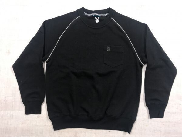 プレイボーイ PLAYBOY 胸ポケット オールド アメカジ トラッド 古着 ラグランスリーブ 鹿の子 スウェット トレーナー メンズ M 黒拍卖