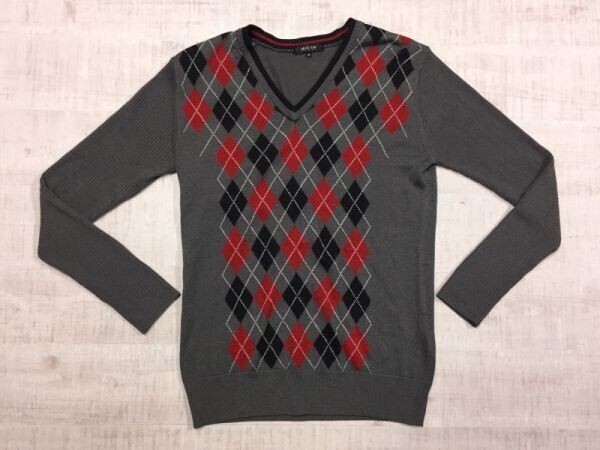 ミッシェルクラン MICHEL KLEIN ネオお兄系 Y2K 00's ニット セーター メンズ Vネック アーガイル オールド 46 グレー拍卖