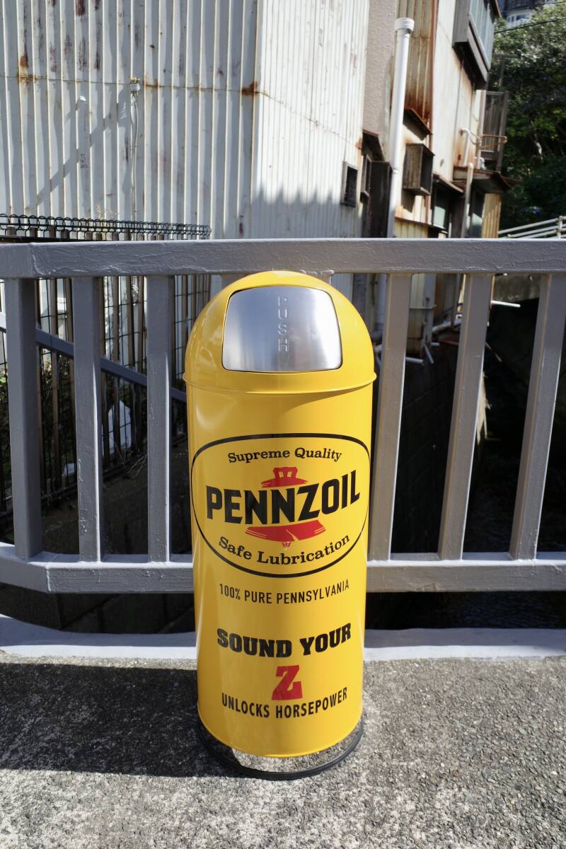 新品 大容量 53L PENNZOIL ペンズオイル ドーム型 スチールダストボックス ゴミ箱 PUSH アメリカ USA 店舗 カフェ拍卖