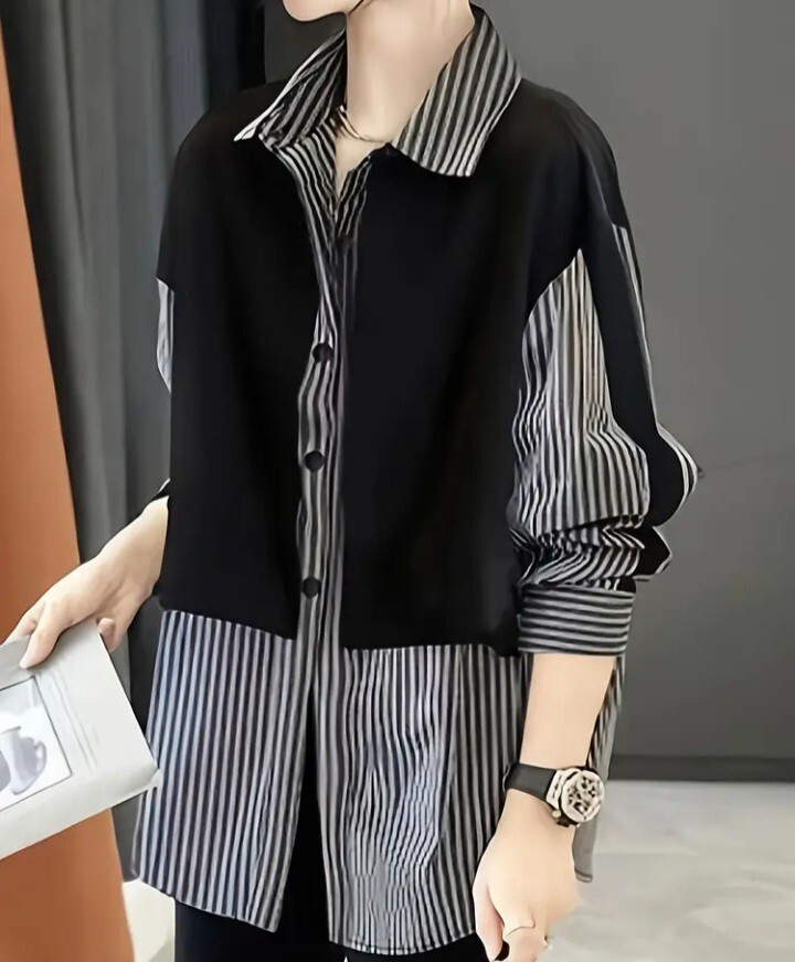 新品 大きいサイズ L シャツ ストライプ おしゃれシャツ ブラウス 長袖拍卖