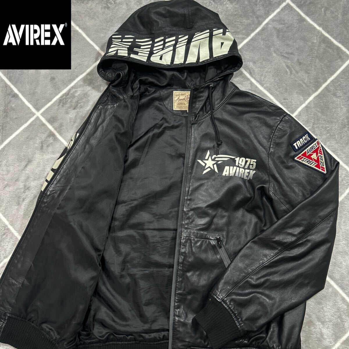 【極美品XL】上野商会 最高傑作 AVIREX アヴィレックス レザーパーカー XL 黒 羊革 ラムレザー【滑らかな手触り】ジップ刻印 袖AVIREXロゴ拍卖