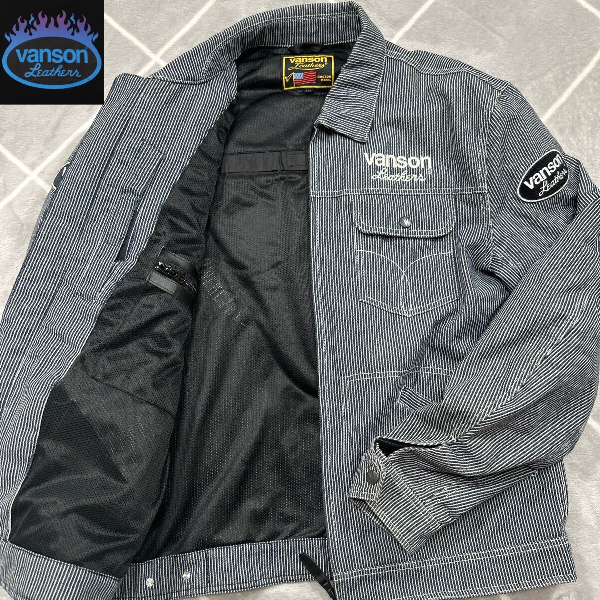 【極美品XXL】VANSONバンソン デニム風 レーシングジャケット ライダース 肘肩背中 安全パッド入り バックロゴ【抜群の存在感】最高傑作品拍卖