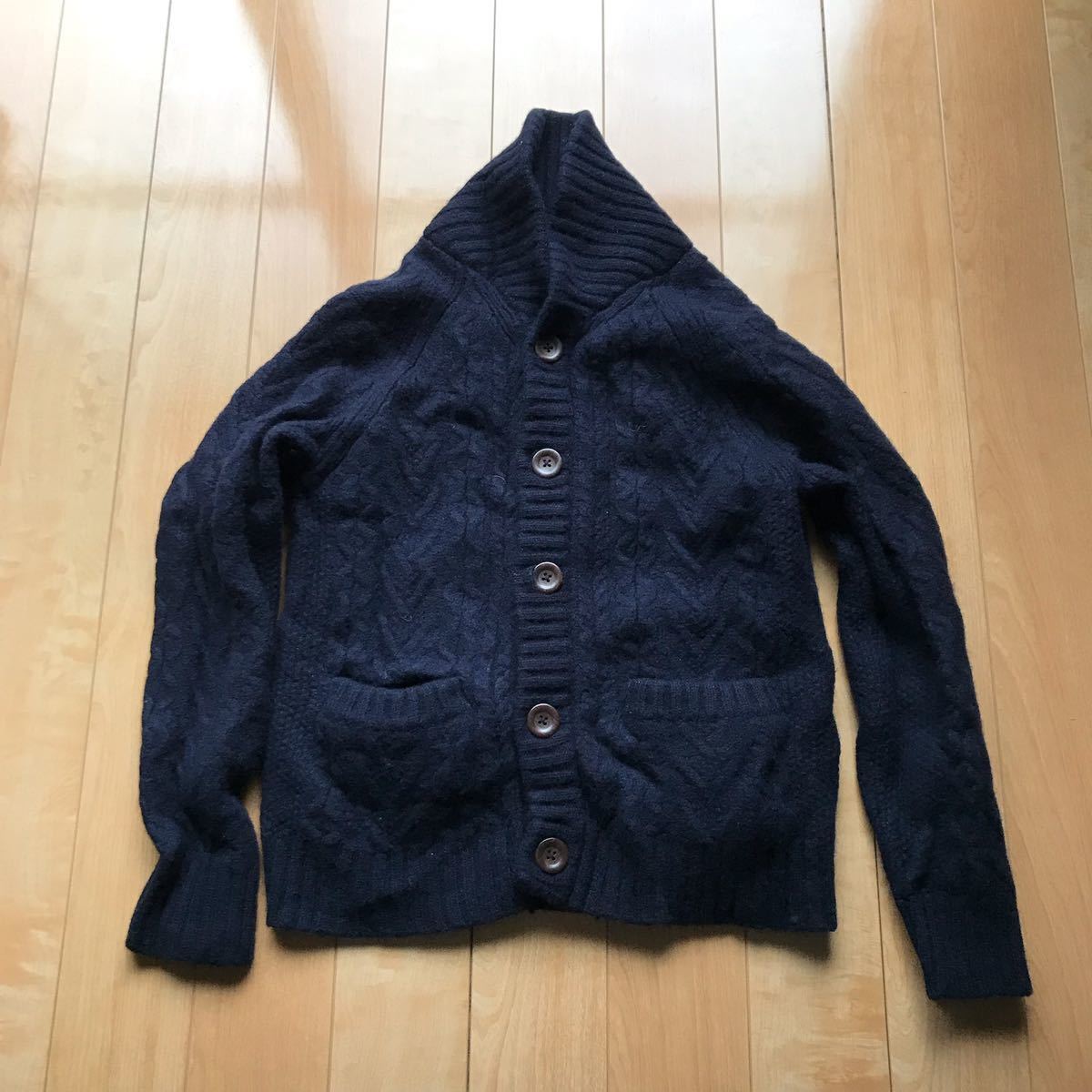 無印良品 ショールカラーカーディガン 定価6980円 157-6-7 メンズ L ネイビー ウール拍卖