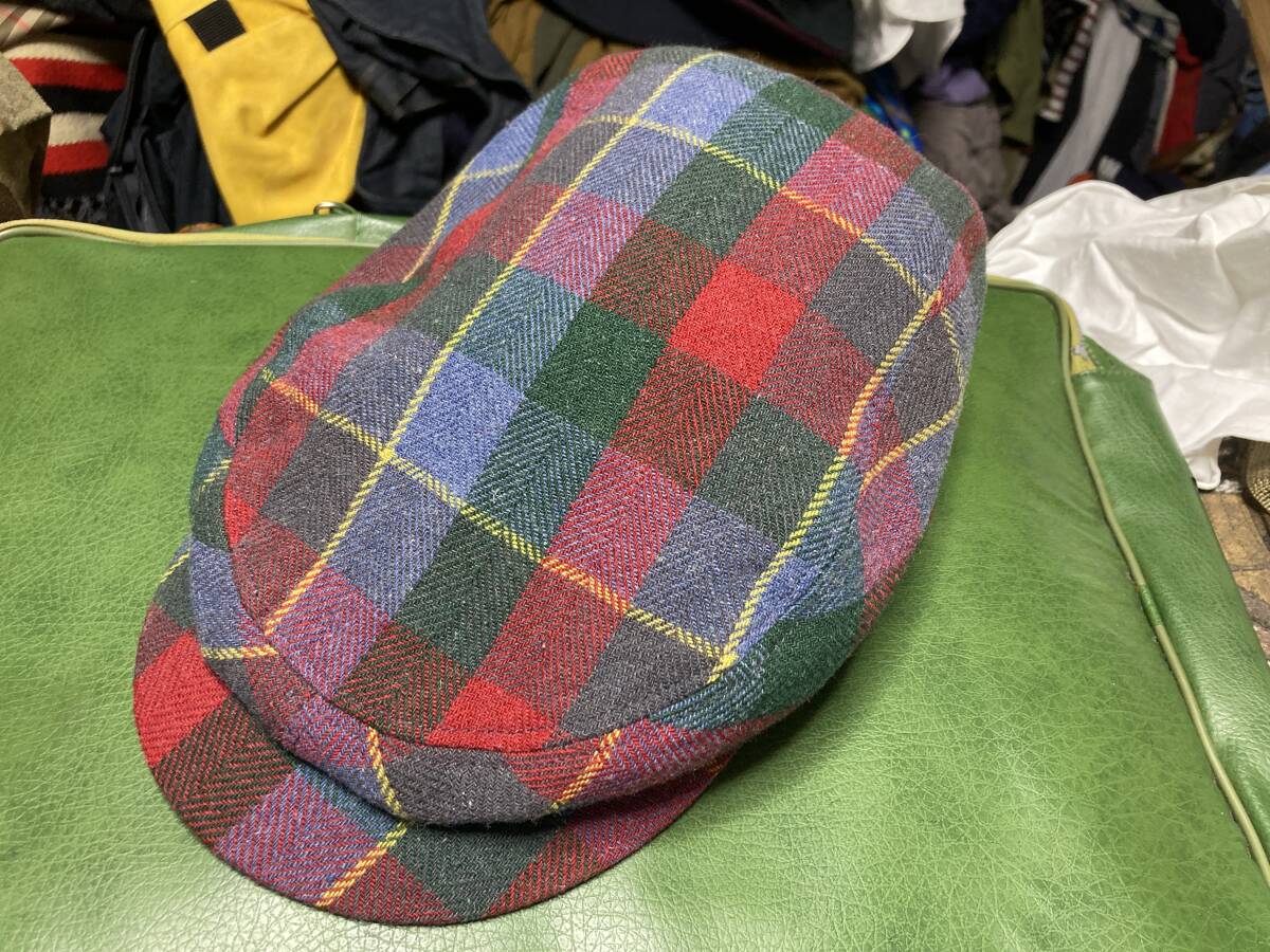 2510カンゴールKANGOLポリ/ウールWOOLツイードTWEEDロゴ刺繍チェック ハンチングL帽子CAPキャップ栗原HUDSON CAP拍卖