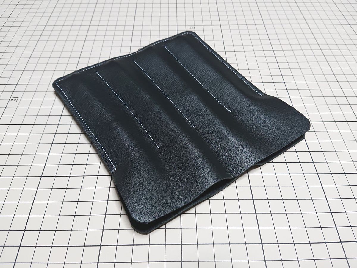 レザー◆本革 ペンケース ホルダー 独立 牛革 4本用 170x161mm 47g V シボ 黒 black拍卖