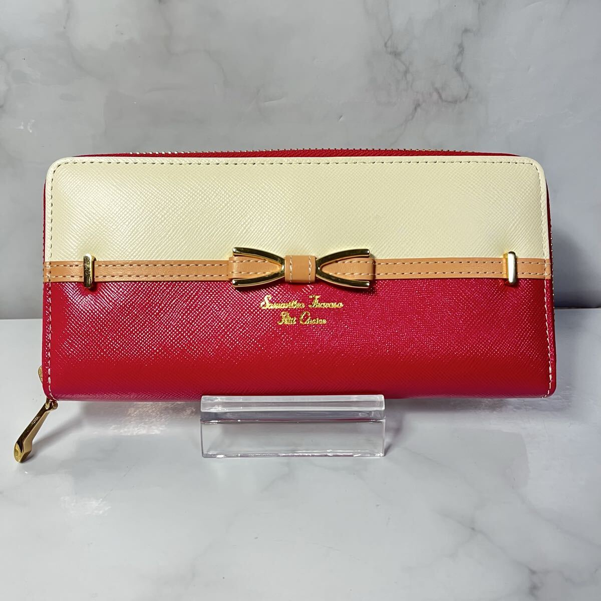 未使用 Samantha Thavasa Petit Choice サマンサタバサ プチチョイス ラウンドファスナー長財布 マゼンタ アイボリー リボンベルト拍卖