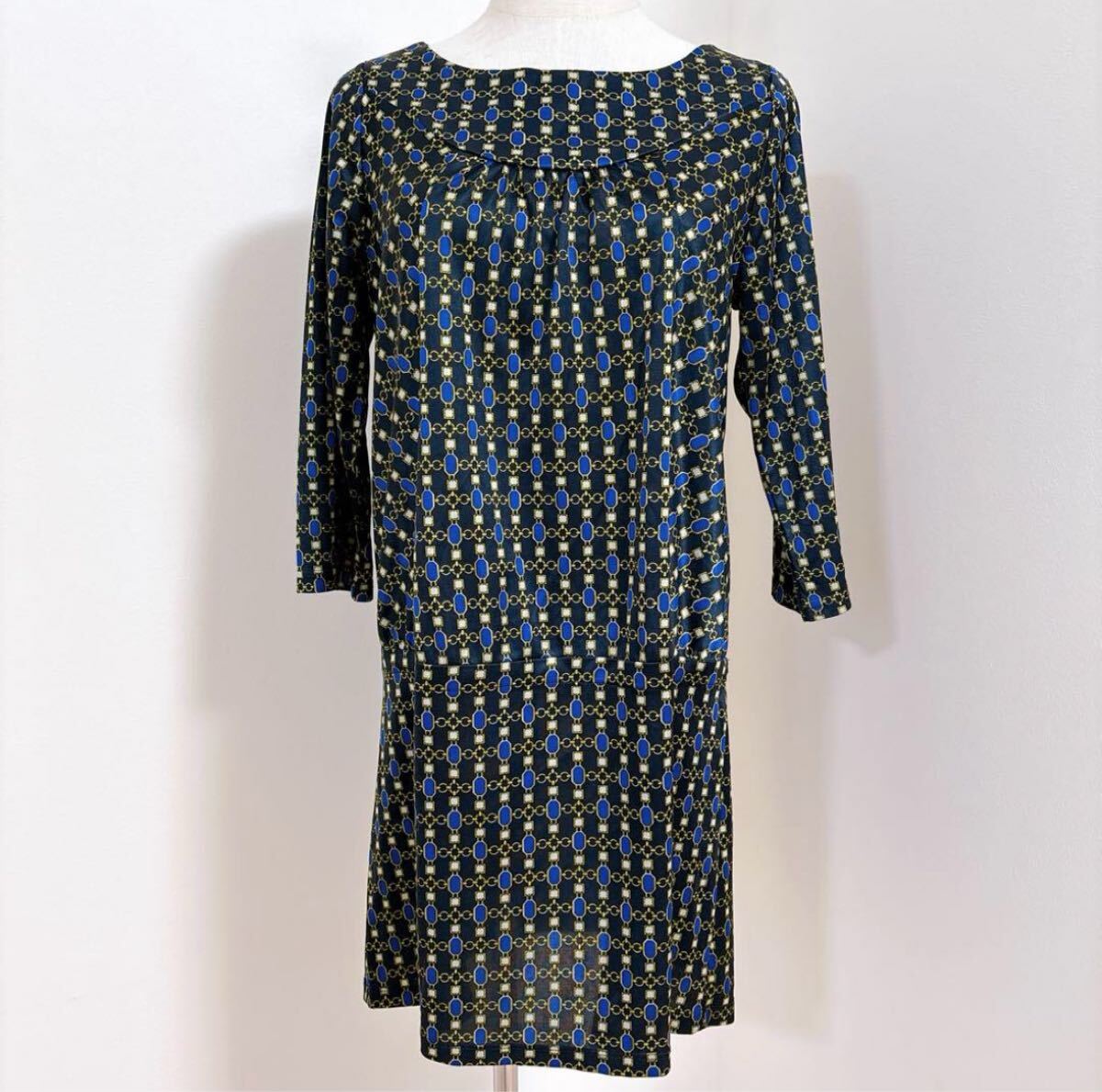 TALBOTS PETITES ネイビー幾何学柄ワンピース Sサイズ 7分袖 Aライン レトロデザイン 春夏秋 アメリカ老舗 エレガント オフィス ロング拍卖