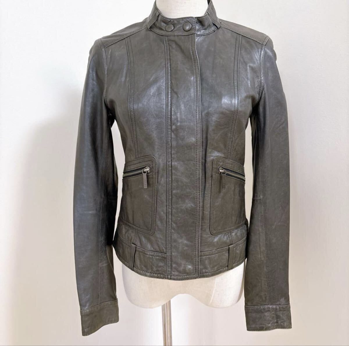 希少色 VINCE ヴィンス レザージャケット XS グレー 羊革 美品 レディース 本革 古着 海外 ライダース 大人カジュアル セレブカジュアル拍卖