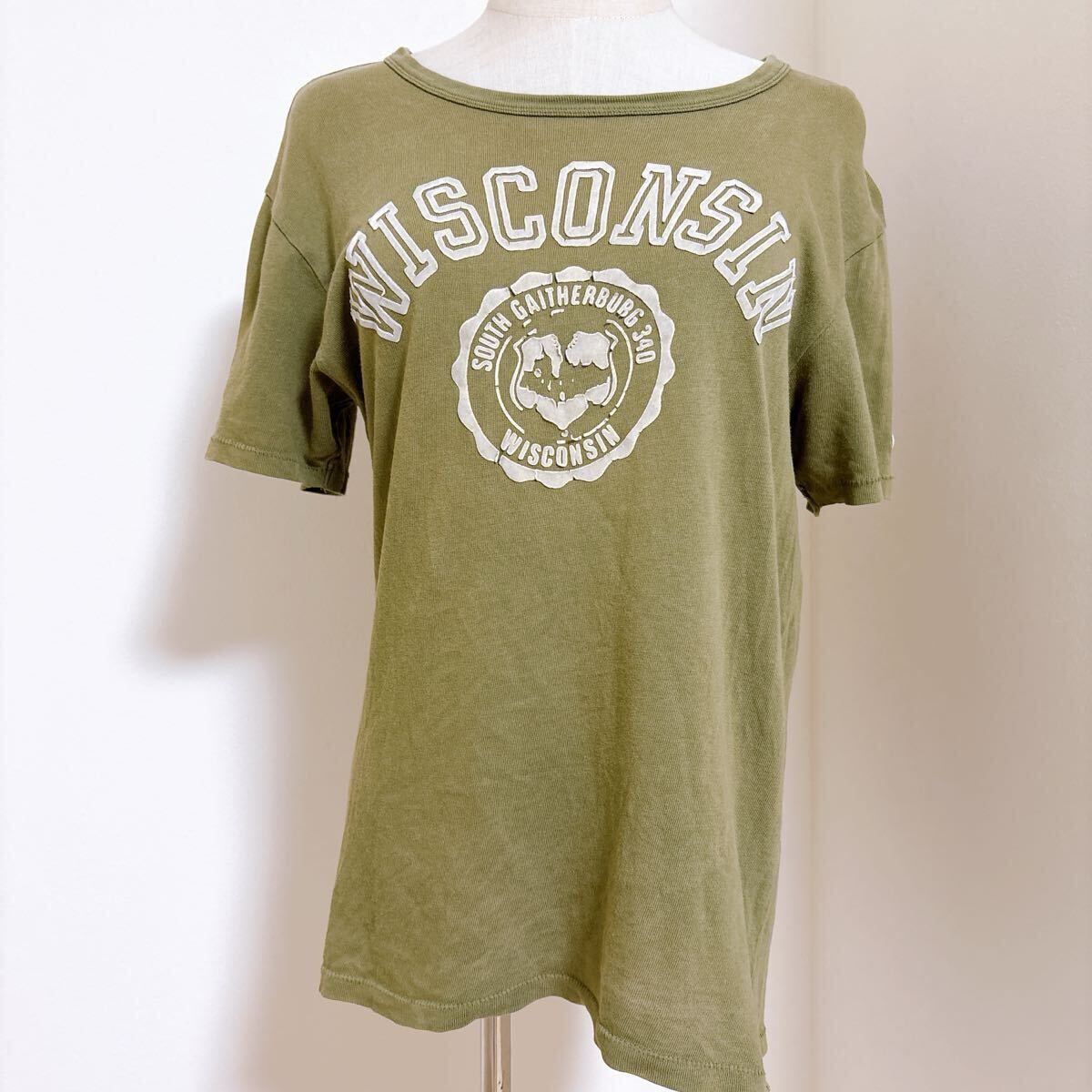 Champion チャンピオン ウィスコンシン カレッジプリントTシャツ S オリーブ カーキ 古着 USA アメカジ USA 半袖 メンズ拍卖
