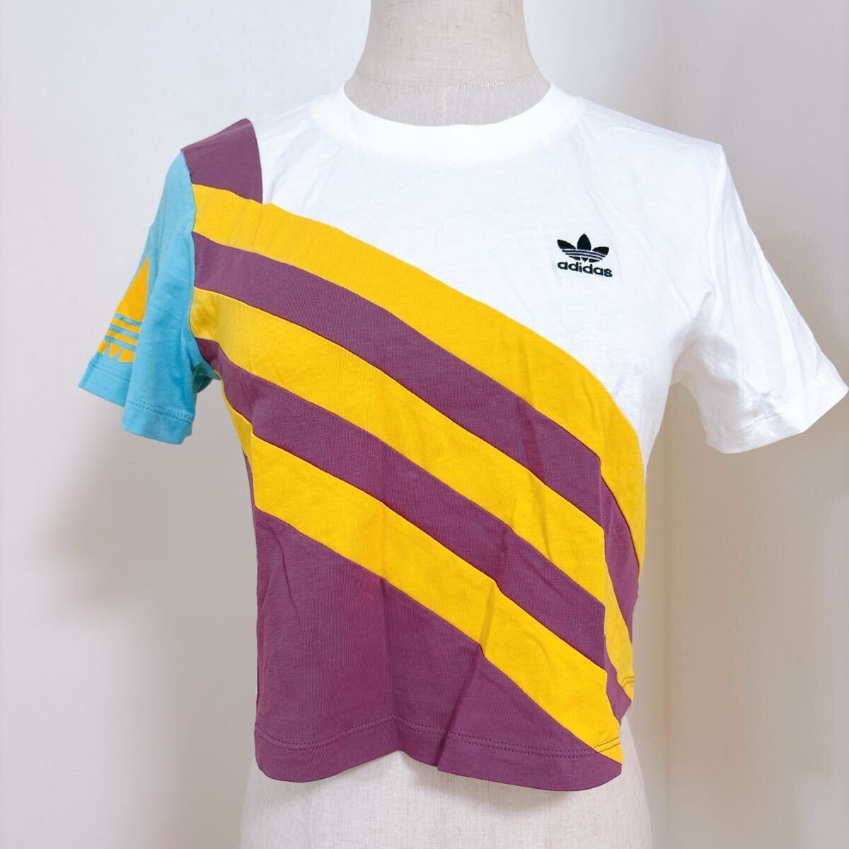 adidas Originals アディダス カラーブロッキングTシャツ M ホワイト パープル イエロー レトロ クロップド丈 ストリート 可愛い 90s y2k拍卖