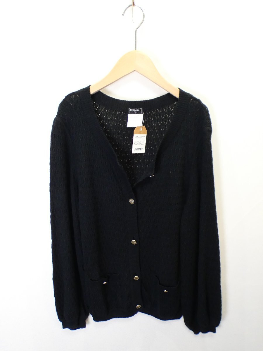 シャネル CHANEL カシミヤ100 ケーブル編み コイン釦 カーディガン08P【L's(46)/30万円/紺/SAランク】e5AI0拍卖