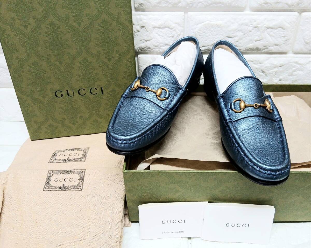 n350【美品】GUCCI/グッチ ホースビットローファー 1953 エナメルレザー ブルー 光沢 (サイズ:35)拍卖