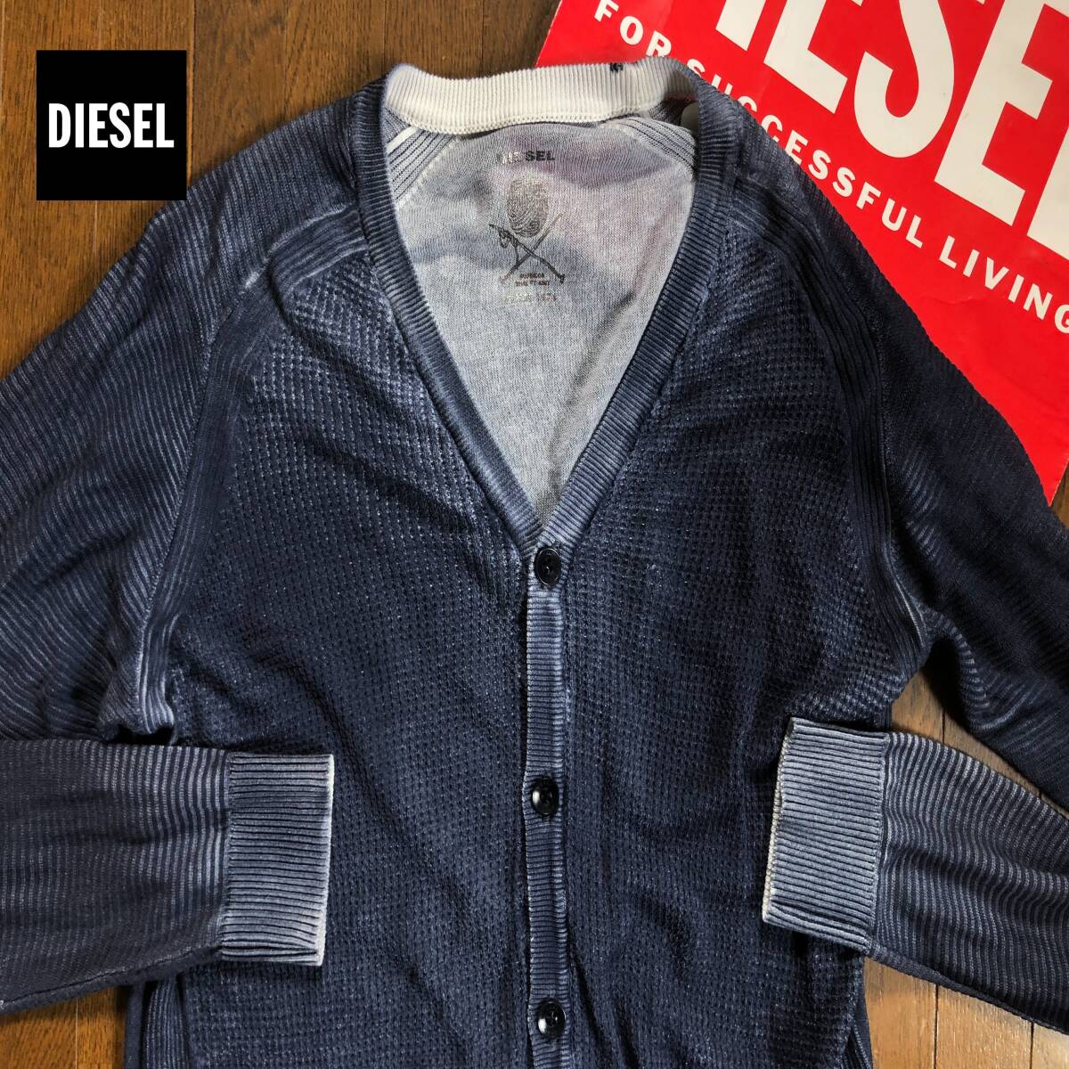 ●サイズM 渋染!DIESEL ディーゼル タイト カーディガン ブルー染 メッシュ メンズ デニムブルー 短丈 即決 即納 55dsl y2k●1623拍卖