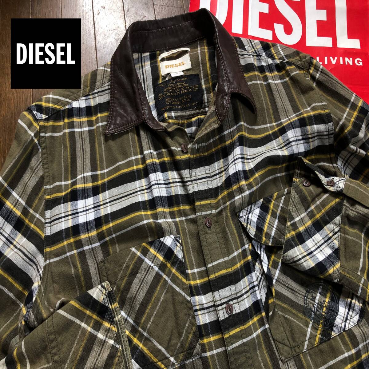 ●サイズM DIESEL ディーゼル アメリカン チェック柄 襟レザー シャツ グリーン系 メンズ 本革 牛革 ネルシャツ 即決 即納 55dsl y2k●1627拍卖