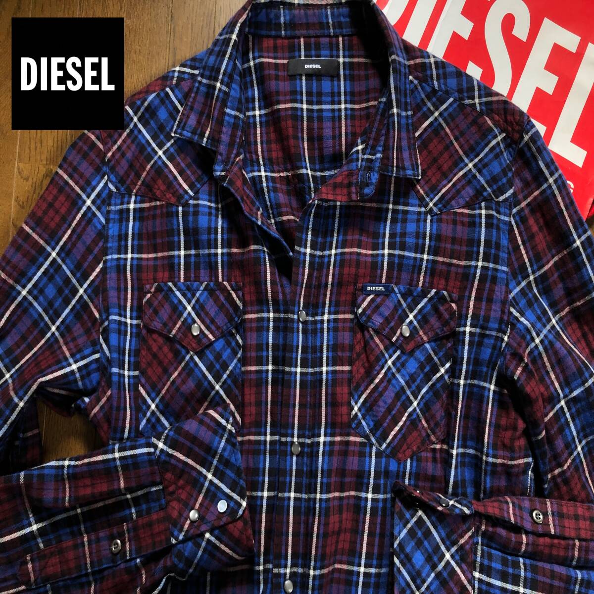 ●サイズL DIESEL ディーゼル アメリカン チェック柄 オンブレ ウエスタン シャツ レッド&ブルー系 即決 即納 55dsl y2k●1620拍卖