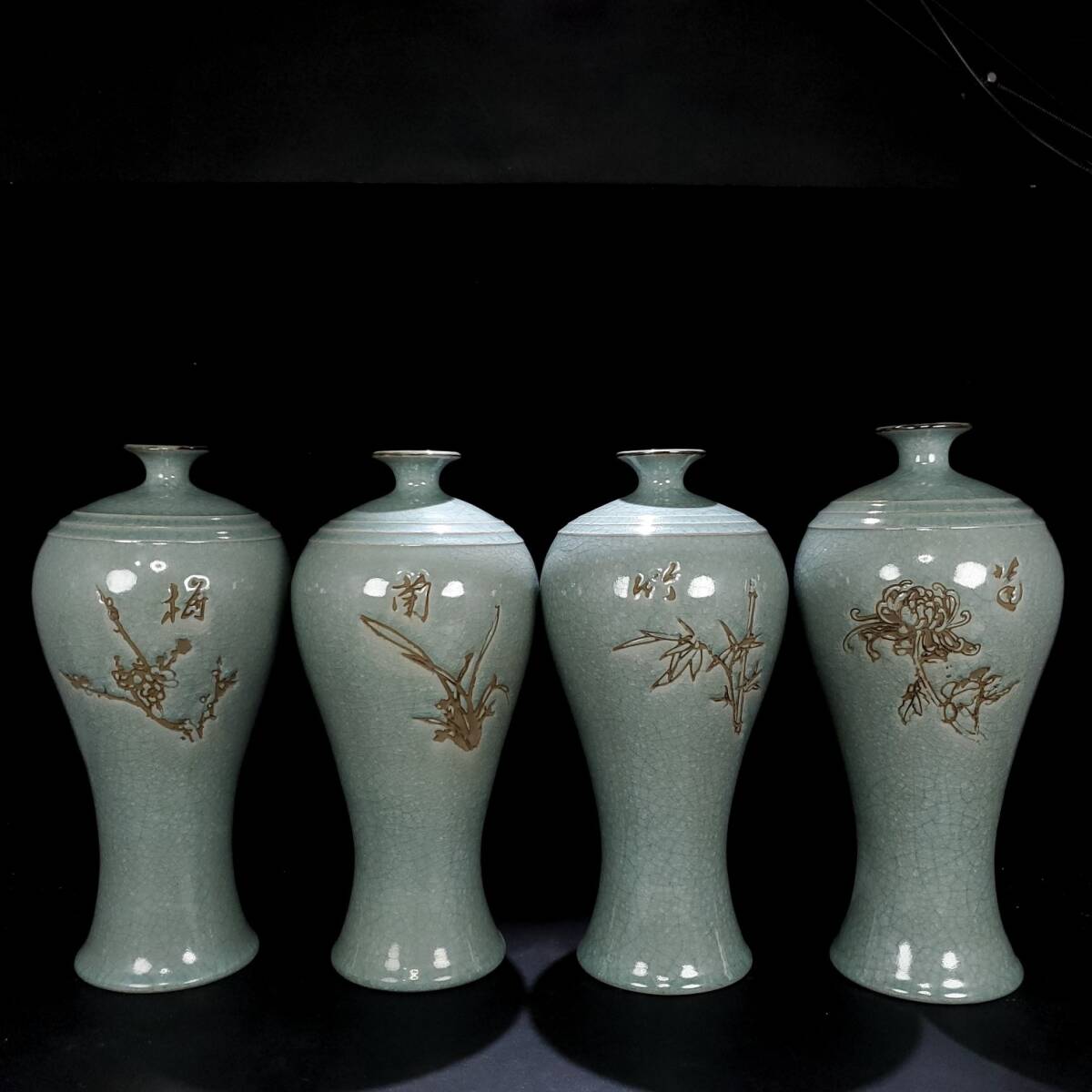 磁器 旧藏 宋代 汝窯 天青釉 冰裂紋 「梅蘭竹菊」 時代物 唐物 陶磁器 古賞物 置物 陶芸 中国美術 高さ.31cm 直径14cm 古物保証 10.5cy拍卖