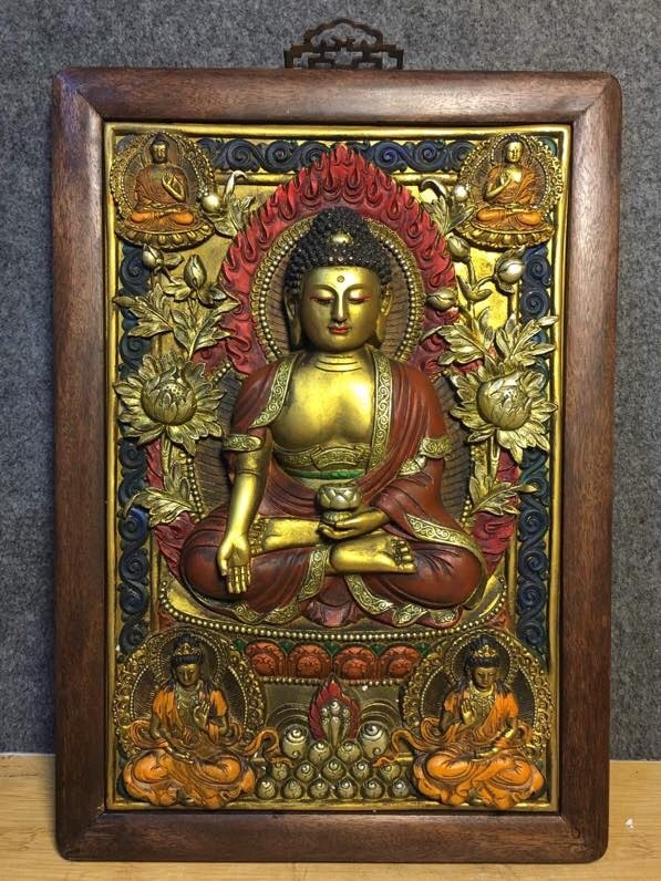 古木彫り 清時代 花梨木に紫銅を象った釈迦像の唐 書道具 文房具 時代物 旧家収蔵 細密彫 置物 賞物 唐物 文玩 gs10.7拍卖