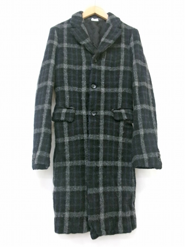 COMME des GARCONS HOMME PLUS コムデギャルソン オム プリュス ウール縮絨チェックロングジャケット XS PN-J029 AD2024 ブラック拍卖