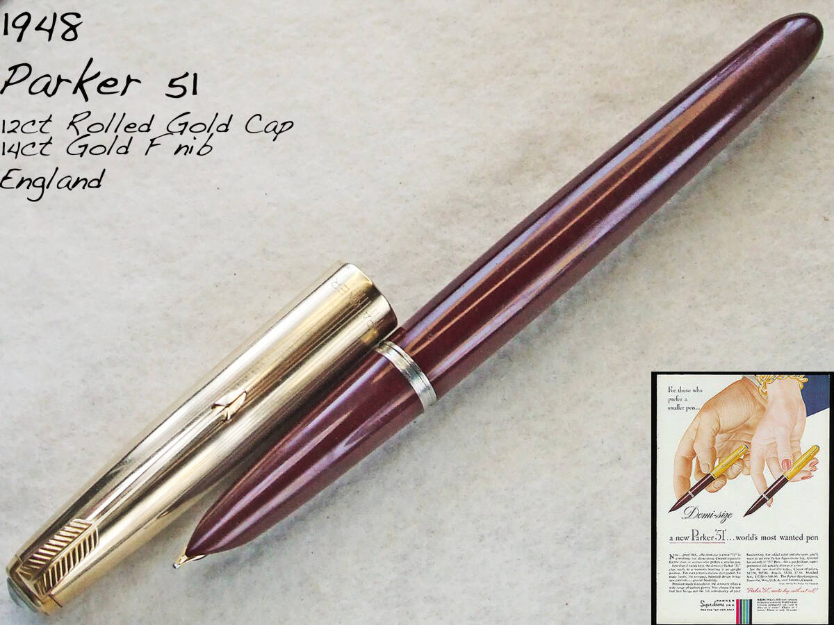 ◆OH済◆1948年製 パーカー51万年筆 12金キャップ/14金F イギリス◆ 1948 Parker 51 Fountain Pen 14k F nib England◆拍卖