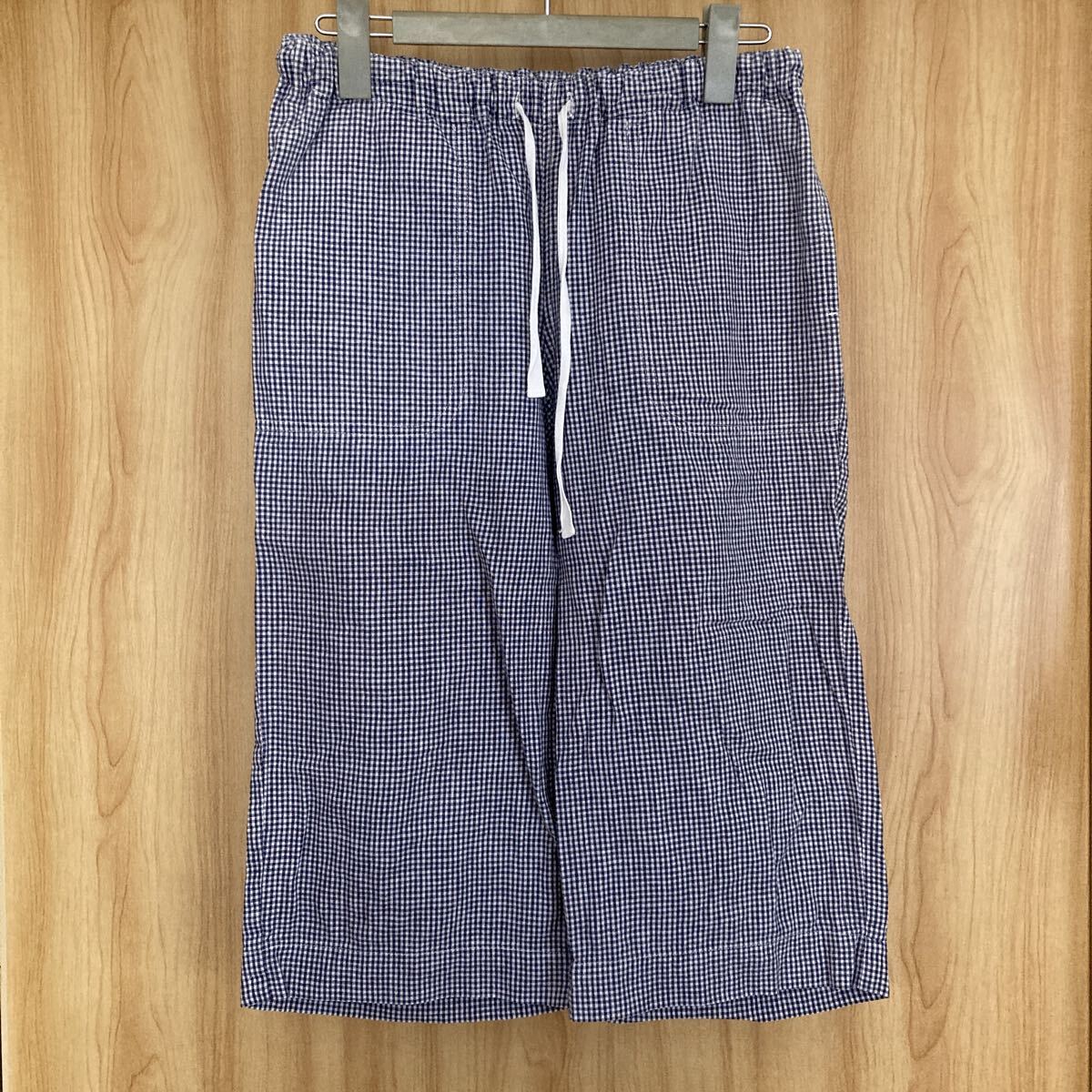 ◆美品◆ ネイビー×ホワイト ギンガム 綿100% ガウチョパンツ 部屋着 ウエストゴム拍卖