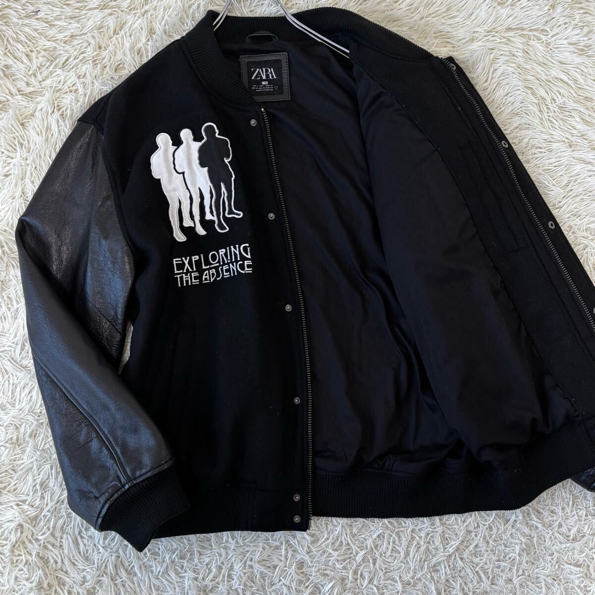 未使用級◎稀少XL◎ザラ『圧倒的デカロゴ』ZARA スタジャン ウールメルトン×カウレザー ワッペン 秋冬 黒 ブラック ジャンパー 50 牛革拍卖