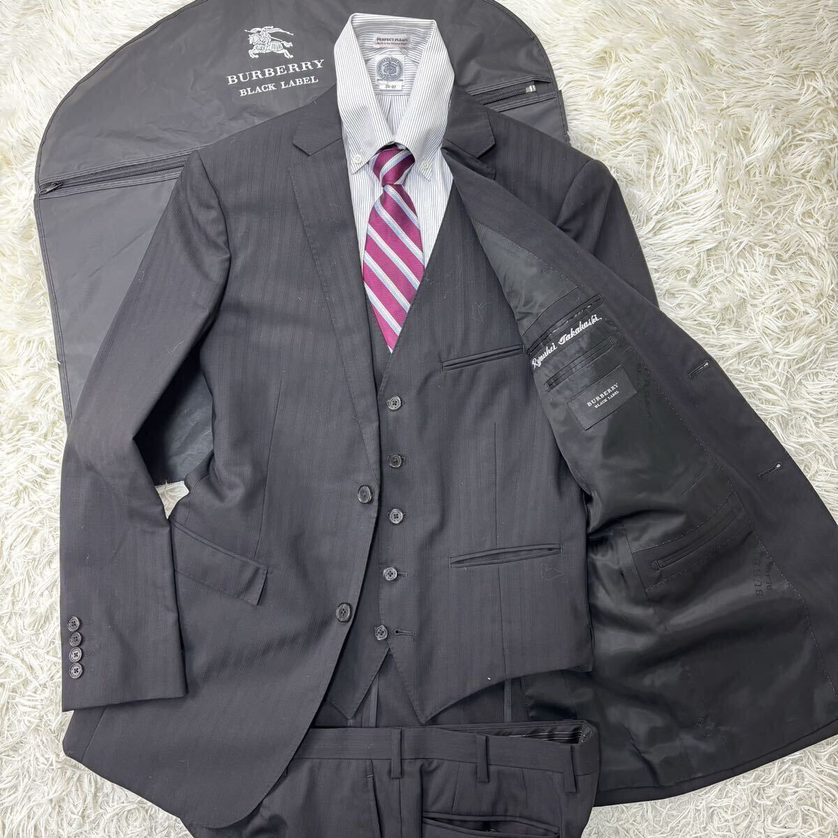 未使用級◎バーバリーブラックレーベル BURBERRY BLACK LABEL スーツ スリーピース 40R 黒 ブラック ストライプ 通年 L ジャケット 水牛釦拍卖