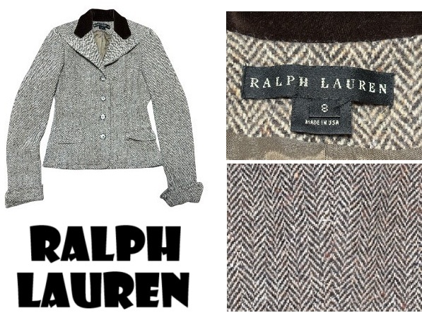 新品同然USA製ラルフローレンRalphLauren★ヘリンボン・ジャケット★ブラウン★カントリー★8拍卖