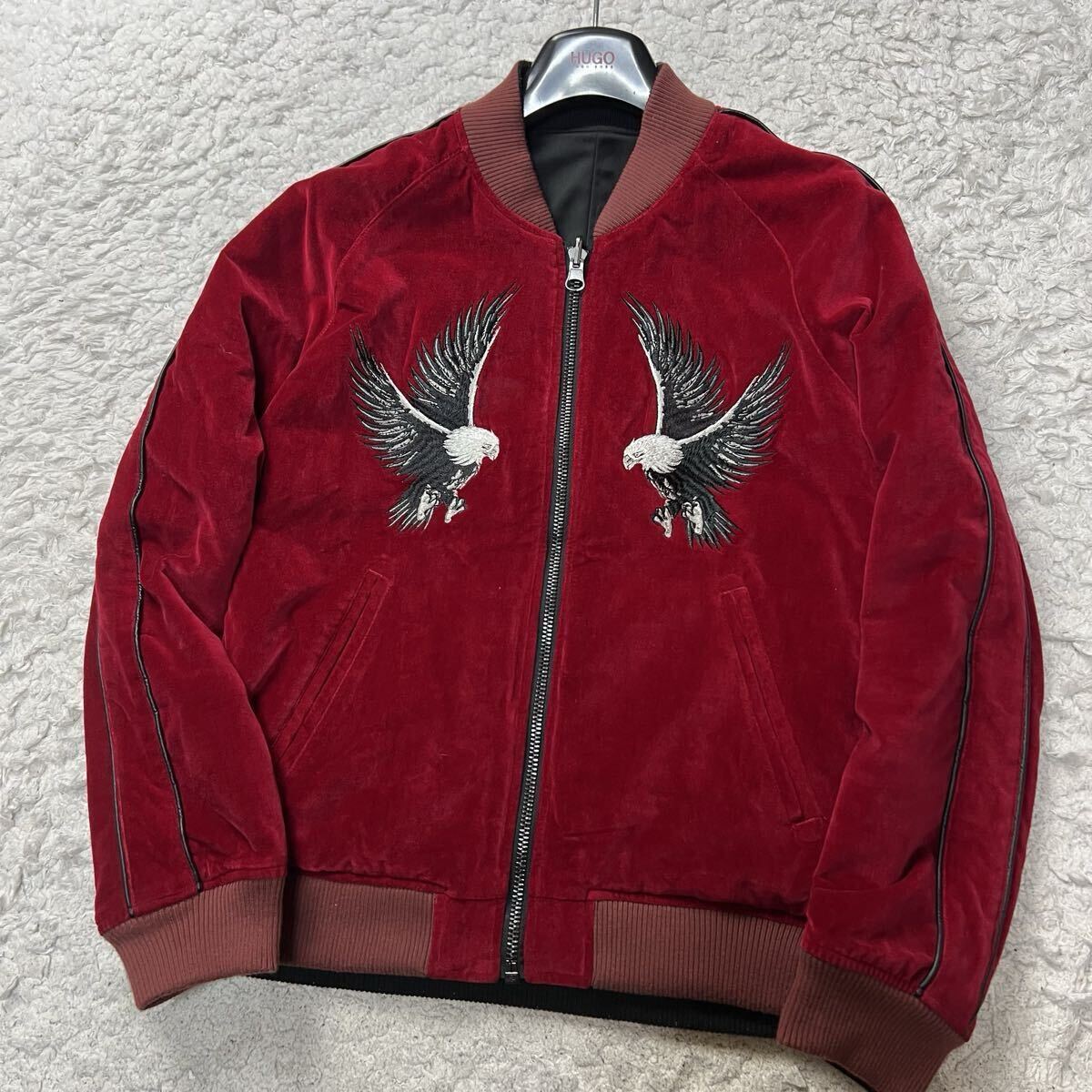 【超希少レッド/未使用級】JACKROSE ジャックローズ スカジャン 希少XLサイズ 鷹刺繍 別珍 ベロア 黒×赤 リバーシブル スーベニア拍卖