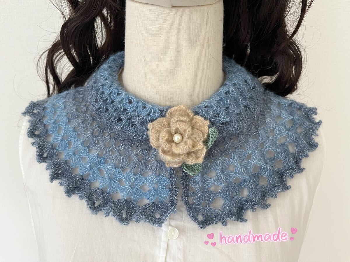 **ハンドメイド** 手作りつけ襟 かぎ針編みつけ襟 ブローチ付き 2点セット 102810拍卖