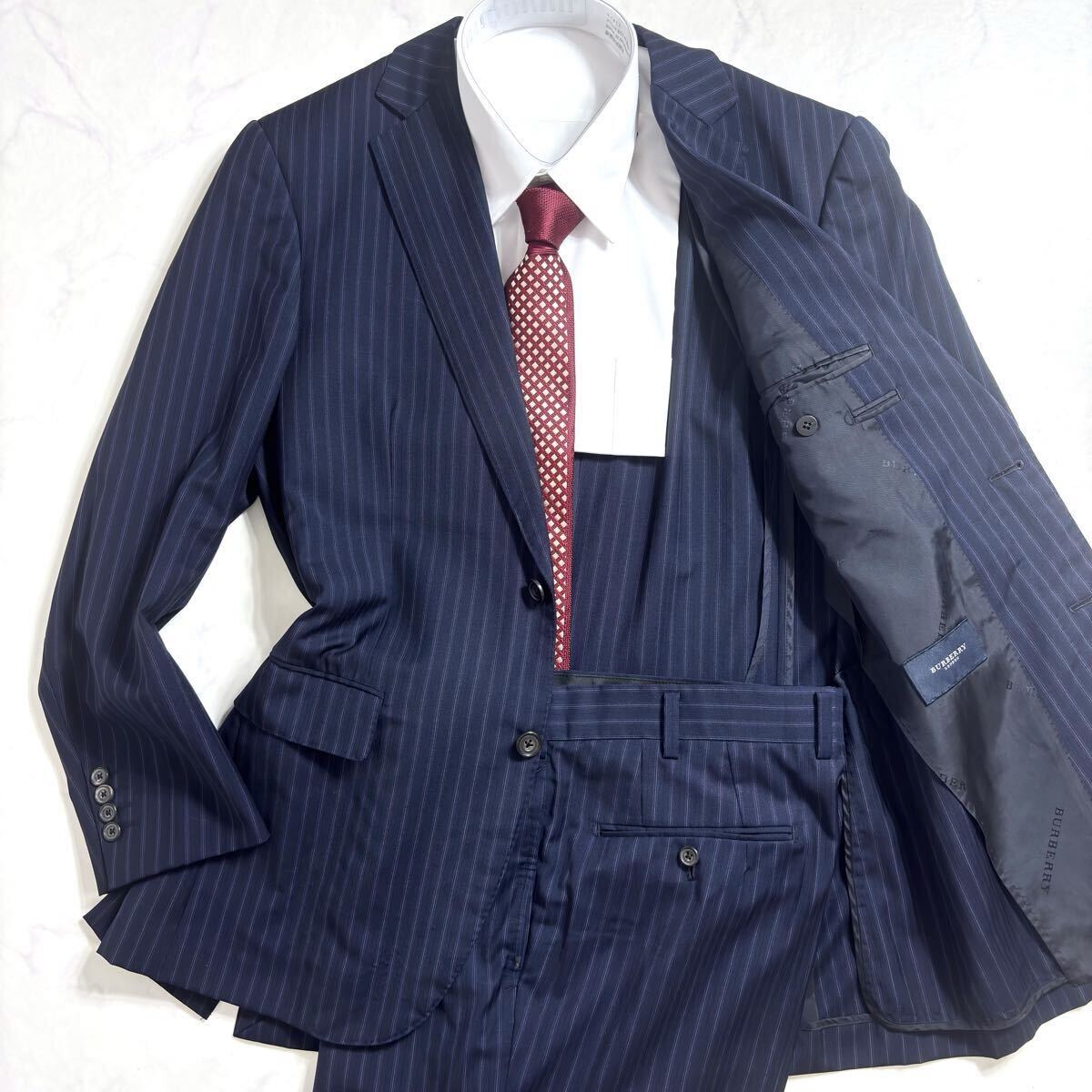 美品/L〜XL相当 BURBERRY LONDON セットアップ スーツ イタリア製ウール100% ビジネス 裏地ロゴ ネイビー 濃紺 メンズ バーバリーロンドン拍卖