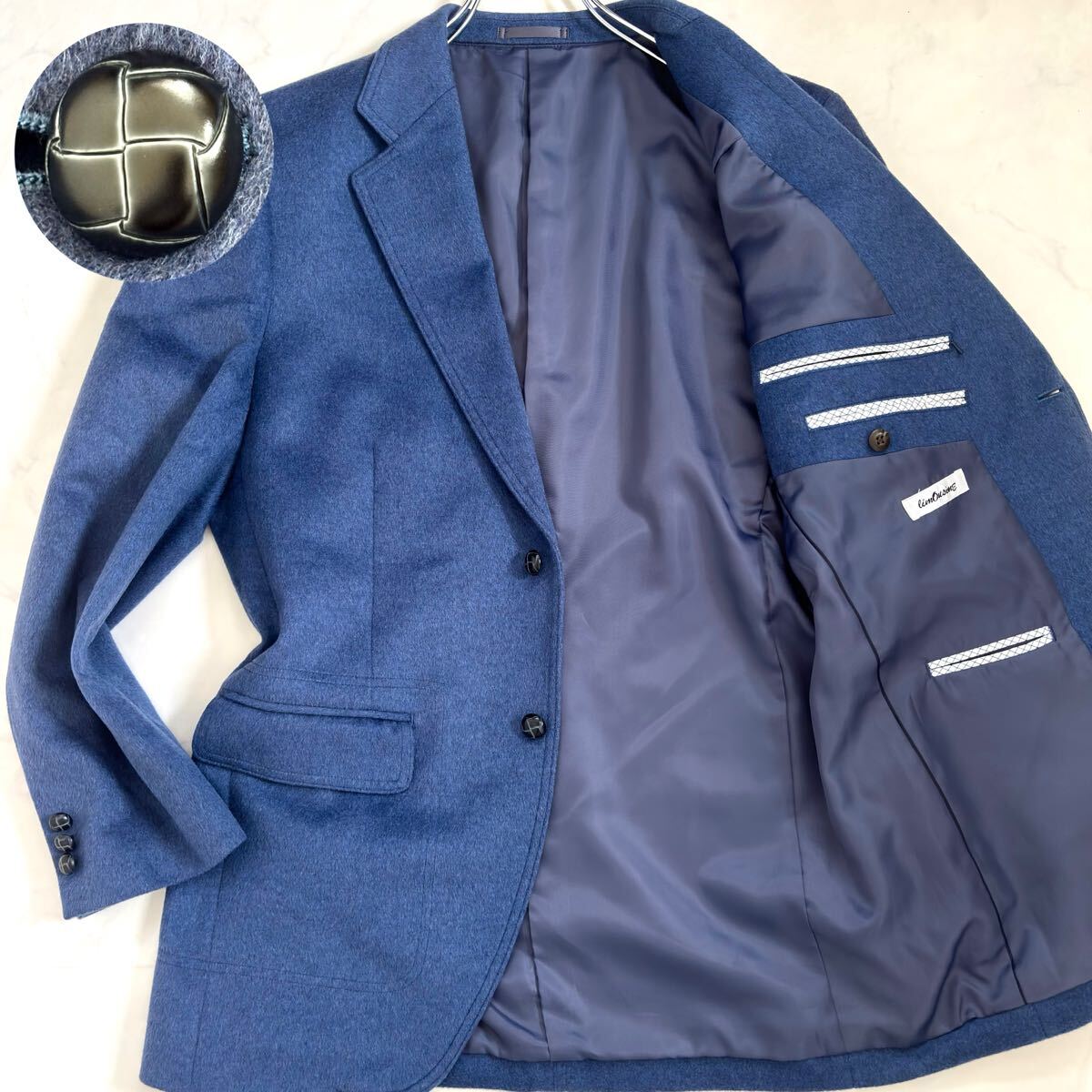 未使用級/Lサイズ相当【極上の手触りカシミヤ】テーラードジャケット くるみボタン 鮮やかな青 ブルー ウール ビジネス ブレザー メンズ拍卖