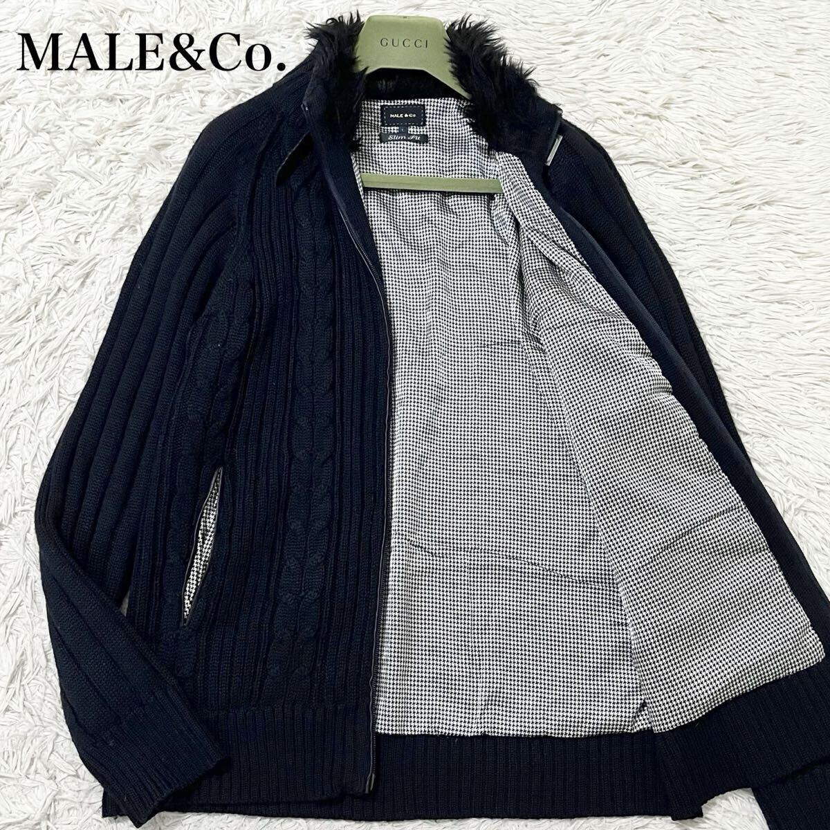 【美品】タカキュー TAKAQ MALE&Co メンズ ドライバーズニット セーター ケーブル編み 襟ファー 千鳥格子 ベルト ジップ 黒 L拍卖