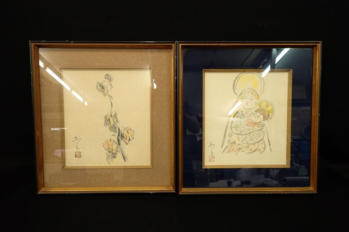 ◆絵画14 【真作】三坂耿一郎 水彩画色紙 2枚「聖母マリアとイエス/ホオズキ」◆彫刻家/福島郡山/消費税0円拍卖