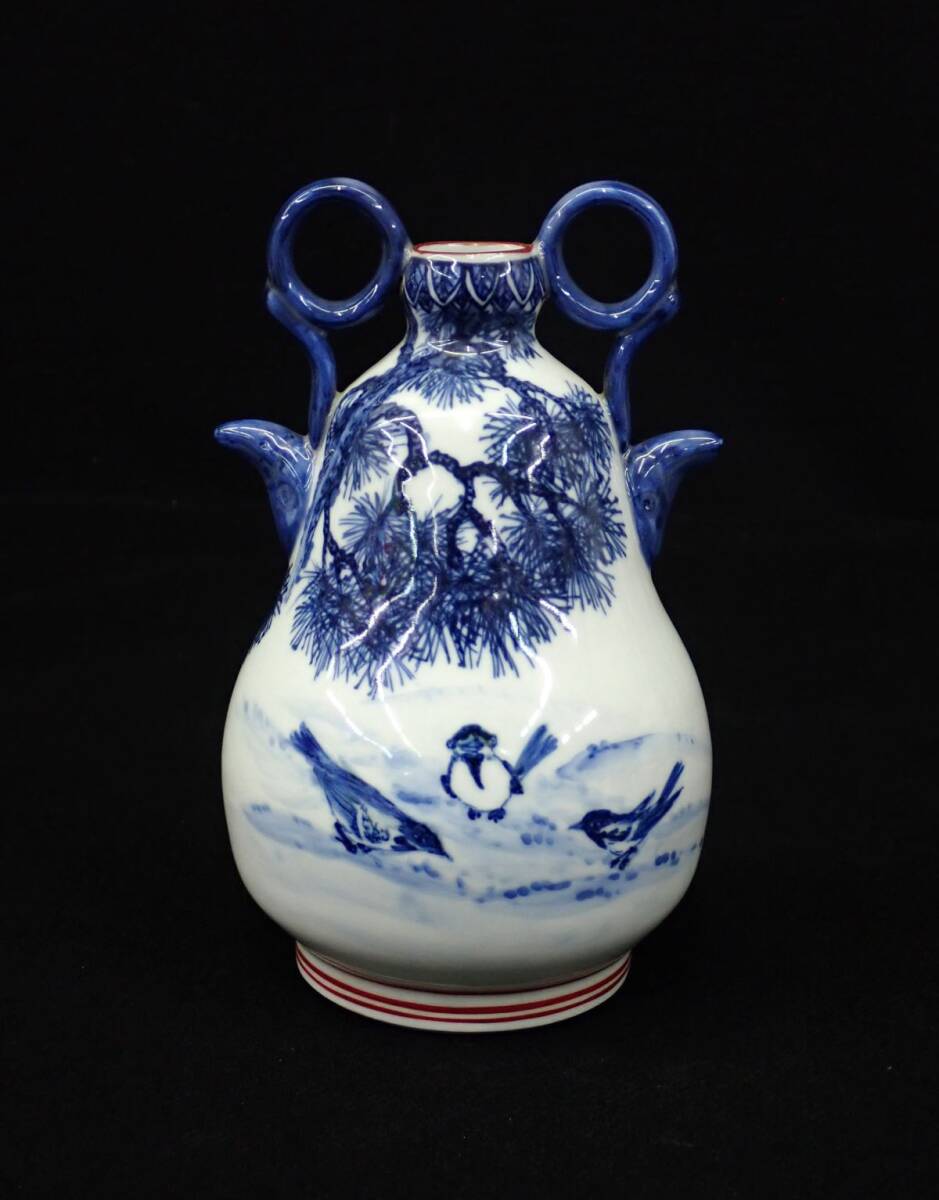 ▲平安 土山恭仙作「松下雀遊図小壷」手描き染付▲高さ約16cm/消費税0円拍卖