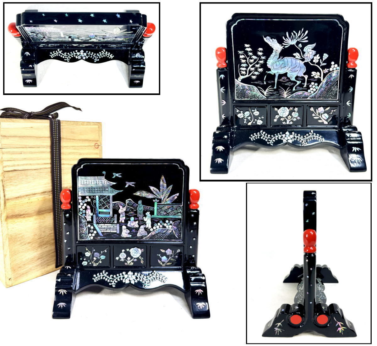 【送料無料】清時代 木製黒漆 青貝螺鈿装飾 山水人物麒麟神獣文 硯屏 衝立 中国 茶道 書道 華道 香道 一点物 時代物 (旧家蔵出し) WWWT107拍卖