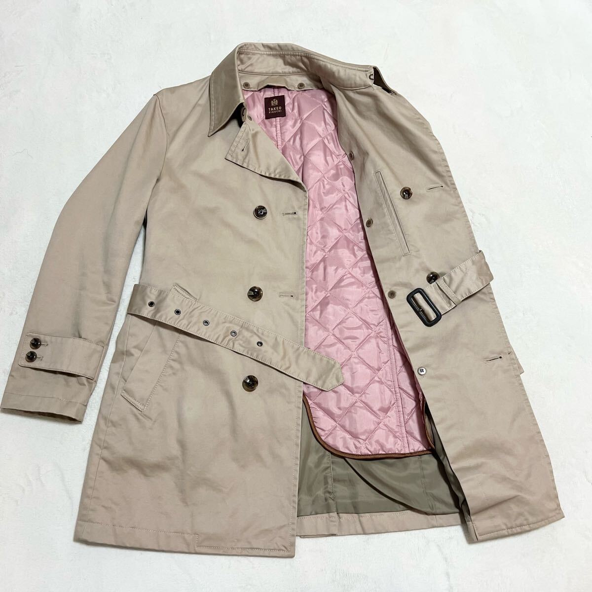 【美品】TAKEO KIKUCHI タケオキクチ ステンカラーコート トレンチコート メンズ ベージュ サイズ2(M相当) ベルト付き拍卖