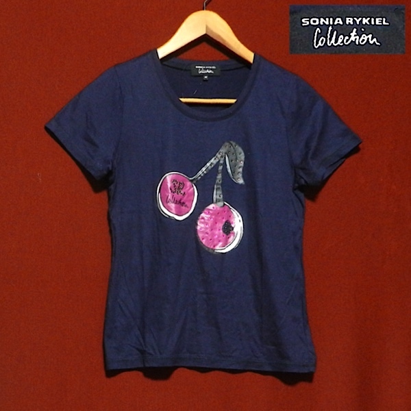 新品 ソニア リキエル さくらんぼ スワロフスキー風 ロゴ スリムフィット ストレッチ 半袖 Tシャツ カットソー 紺 小さめ 40 / L 未使用拍卖