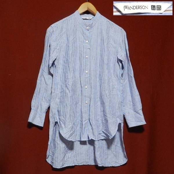 新品 ユニクロ JWアンダーソン バンドカラー リネンシャツ 長袖シャツ ロングシャツ ブラウスシャツ ワンピシャツ 紺 茶色 ストライプ M拍卖