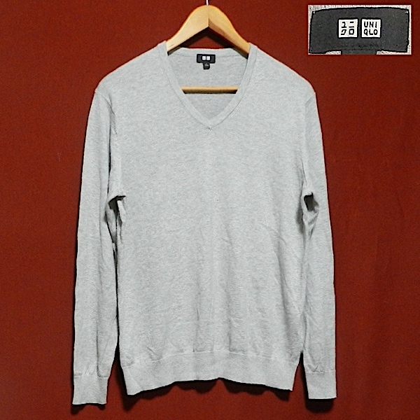 UNIQLO ユニクロ コットン カシミヤ Vネック ニット セーター ニットカットソー 霜降り グレー メンズ L サイズ 美品拍卖
