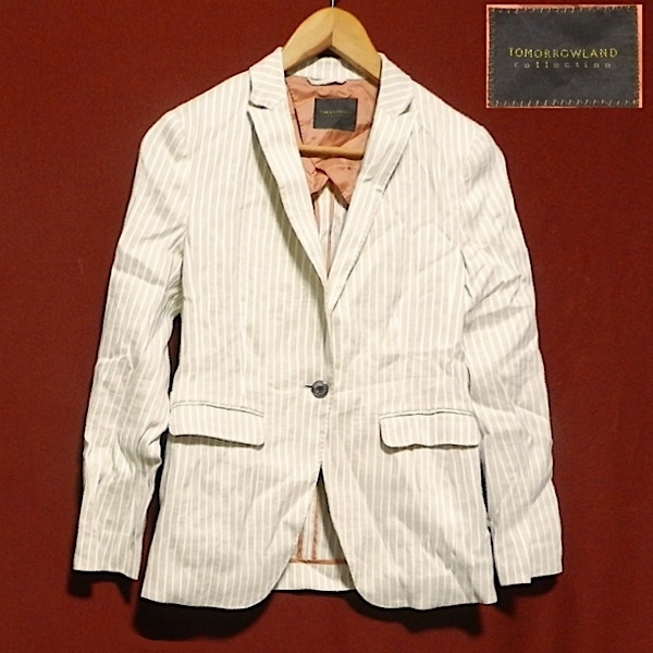 新品 トゥモローランド コレクション 1B 麻 リネン ストレッチ 裏地付き ブレザー テーラード ジャケット ストライプ ベージュ 白 40 / L拍卖